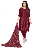 Georgette Maroon Casual Wear Embroidery Work Churidar Suit